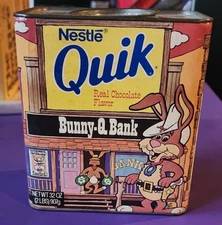 NESTLE QUIK BUNNY-Q BANK Can Container Tin & Cardboard with original Lid  32 oz