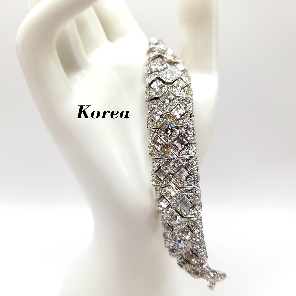 Vintage Korea Clear Rhinestone Bracelet, Art Deco Style Wedding Jewelry, 7.5 In Vintage White Plastic Art Deco Black Clear Rhinestones 2 1/2  main image 3