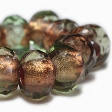 0053, Trans Light Green/Copper Lining, 6x9mm, 5 Large Hole Roller Beads, Lr1 