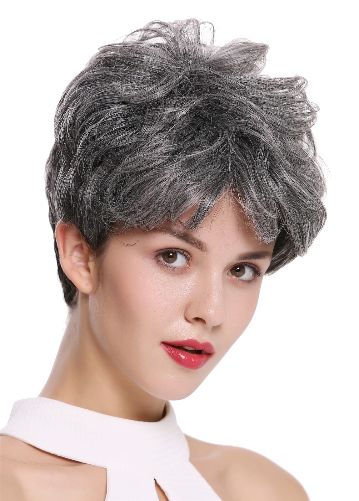 Women's Wig Short Teased Voluminous Wavy Dark Gray Mottled DW2700