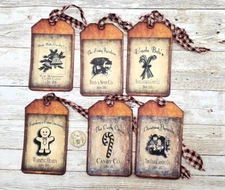 6-Christmas-Primitive-Farmhouse-Holiday-Pantry-Linen Cardstock-Gift-Hang-Tags