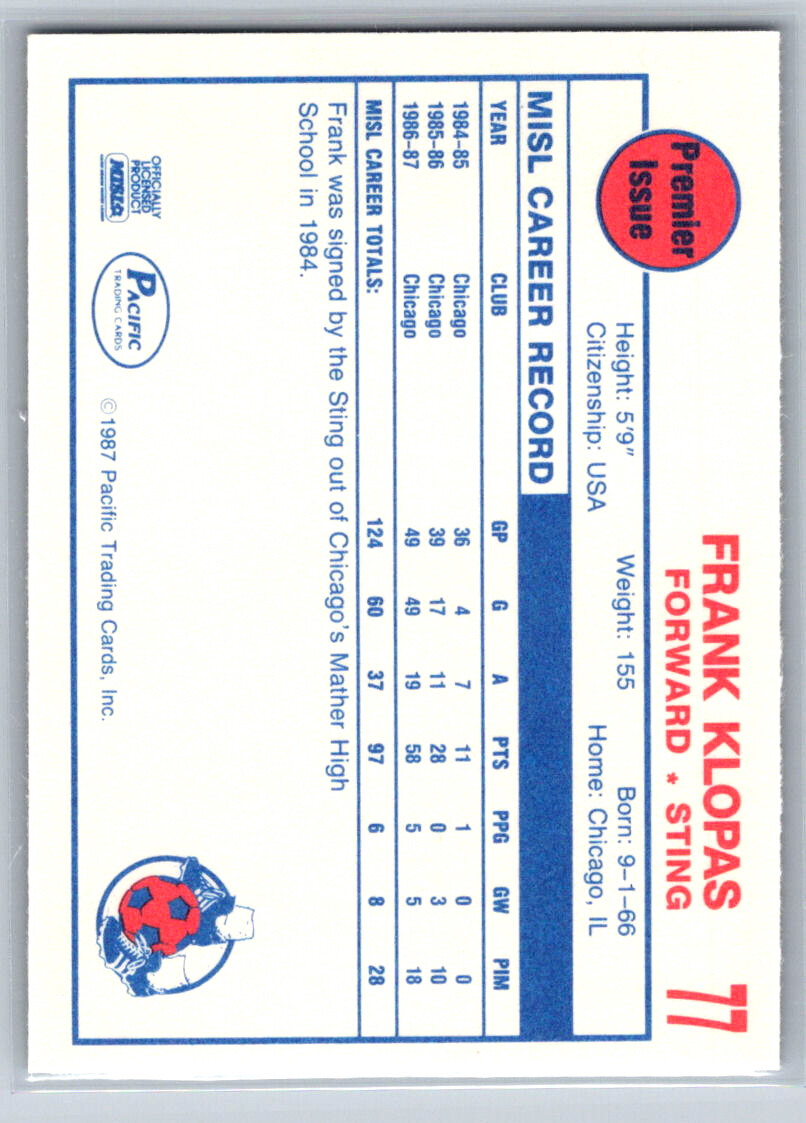 Frank Klopas 1987-88 Pacific MISL RC #77a Chicago Sting Rookie | eBay