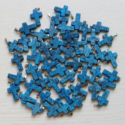 Wholesale 100pcs Natural Blue Crazy Agate Stone Cross Shaped Pendant Bead 28X20