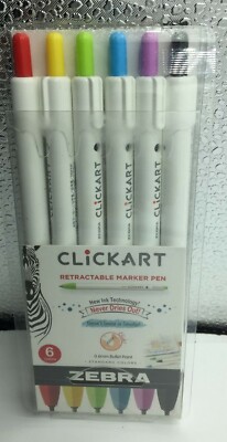  Zebra Click Art 0.6mm Bullet Point Marker Pens 6/Pkg Assorted Col 045888690066
