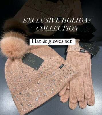 Victorias Secret Holiday 2020 Faux Fur Pom-Pom Rhinestone Hat with Gloves Set 