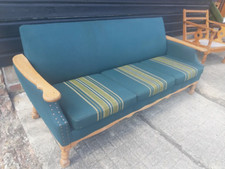 Vintage retro Danish mid century wooden MCM sofa couch blue stripy wool oak wood