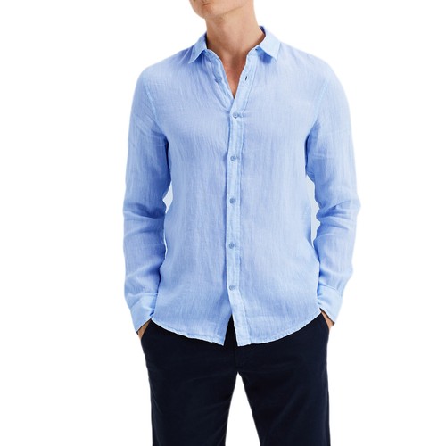 Camicia Uomo Di Lino Casual Slim Fit Manica Lunga Bianca Celeste Blu Verde Veque - Imagen 14 de 52