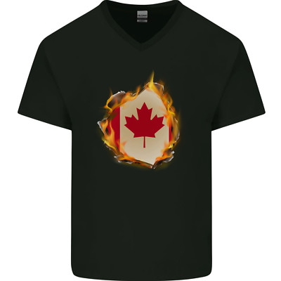Gildan Herren V-Ausschnitt Baumwoll T-Shirt Feuer Canada Maple Leaf Flag Schwarz