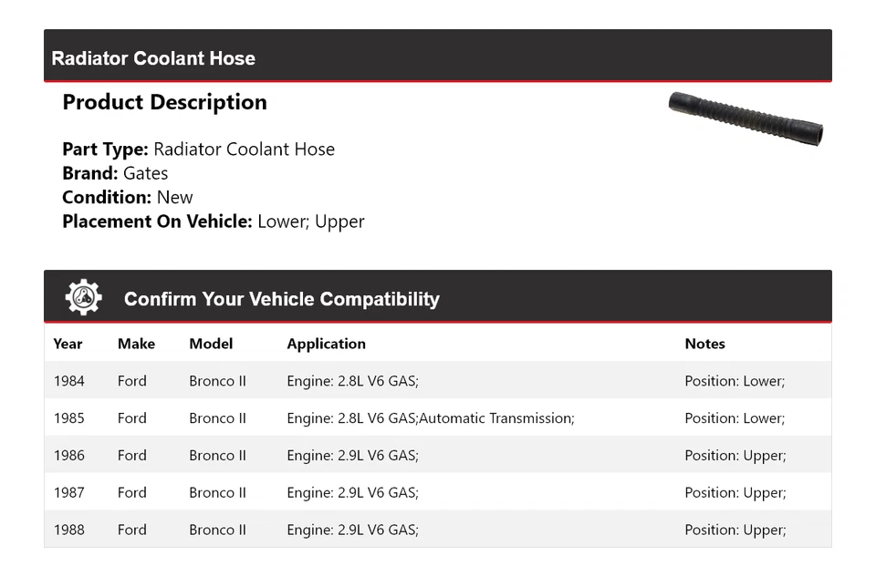 Puertas de manguera de refrigerante de radiador para Ford Bronco II 1984-1988 1985 1986 1987 Foto 2 de 4