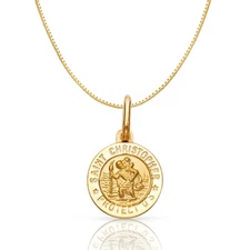 14K Yellow Gold St.Christopher Religious Charm Pendant &0.8mm Box Chain Necklace