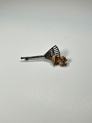 Vintage Autumn Garden Rake Leaves Brooch Pin Two Tone Gold And Silver Metal