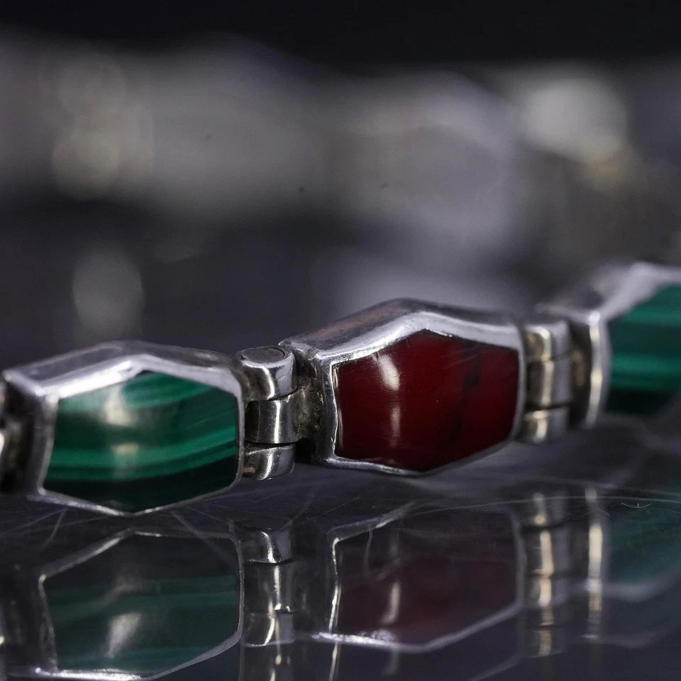 Pulsera tenis vintage de plata de ley 950 hecha a mano de 7,5”, con jaspe de malaquita Foto 4 de 4