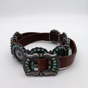 Double D Ranch Wide Embroidered Leather Belt in Navy and Brown Belt, A, Western Concho, Basket Weave Tooled Leather  main image 2