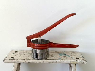Vintage 1950s Red Handle Metal Kitchen Potato Ricer / Food Press-Good Cond