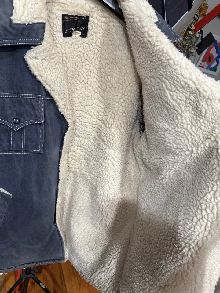 复古 JC Penny Sherpa 内衬外套。 褪色海军蓝。 大号。 美国制造。 — 第 4/4 张图片