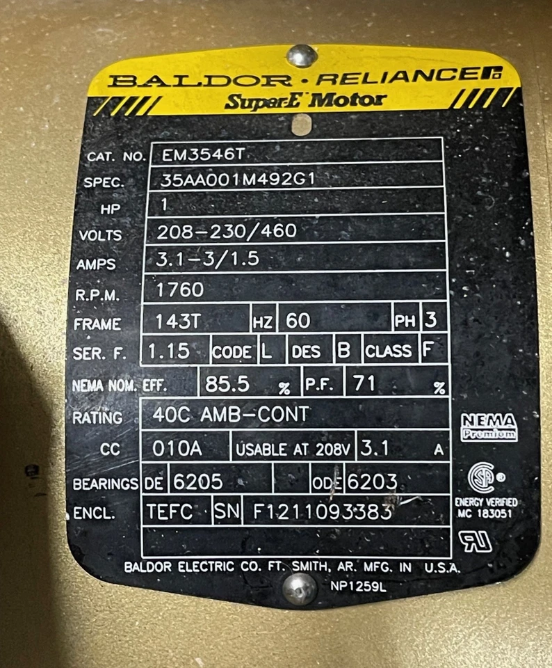 BALDOR EM3546T SUPER-E MOTOR 1HP 3PH 208-230/460V 7/8" KEY SHAFT MISSING COVERS - Image 3 of 4
