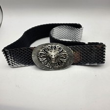 Vintage Style Lion Head Buckle Silver Scale Elastic Stretch Statement Belt Wide