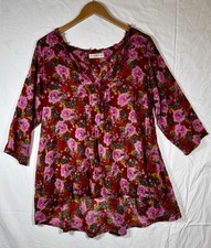 Natural Life Floral Print Tunic Top S/M Red Pink V-neck Boho Oversized Cotton