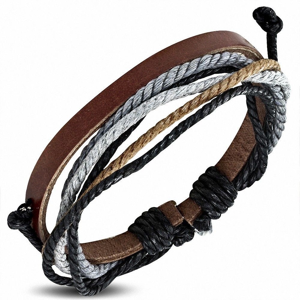 Men's Brown Leather Bracelet With Light Blue Gray Cord 018