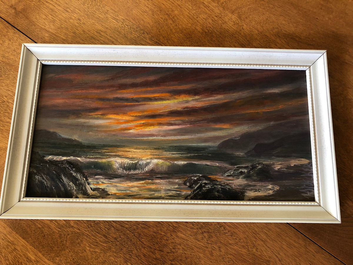VTG 1970s Heinz Stoecker Original Oil Painting;Ocean,Waves,Sunset