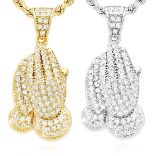 14K Yellow White Gold Over Silver CZ Pave Religious Praying Hands Pendant 1.18" - Picture 2 of 20