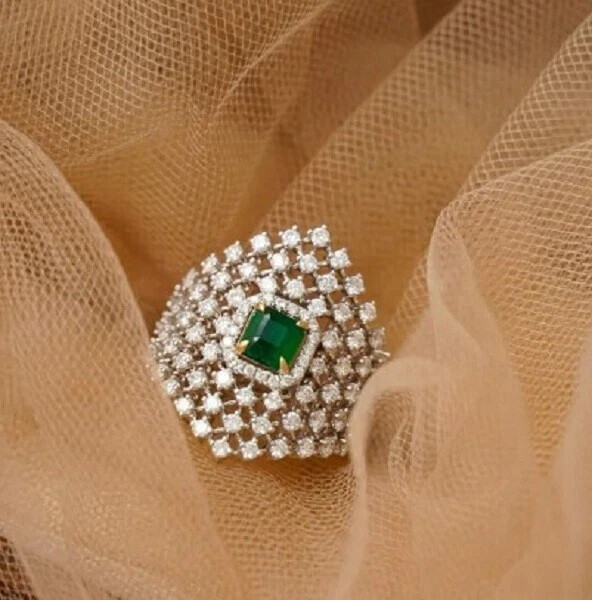 3.50Ct Asscher Cut Emerald Simulated Cluster Ring in 14k Gold Plated