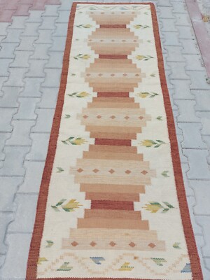 Antique Runner Rug Scandinavian Long Geometric Kelim Carpet Wool Rug