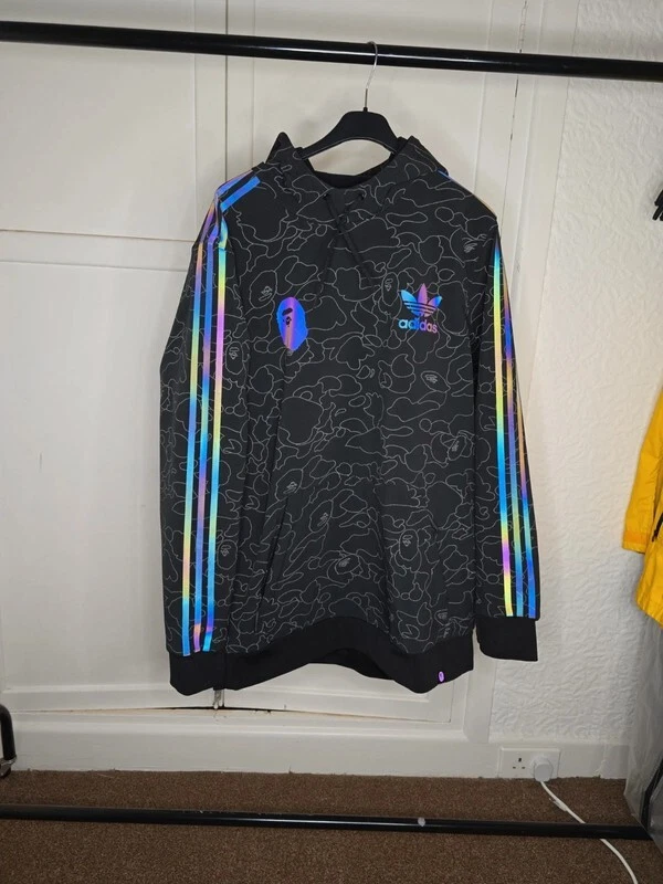 A BATHING APE (BAPE) Adidas x BAPE Tech Hoodie Large L A Bathing Ape Black Reflective Hoody RARA