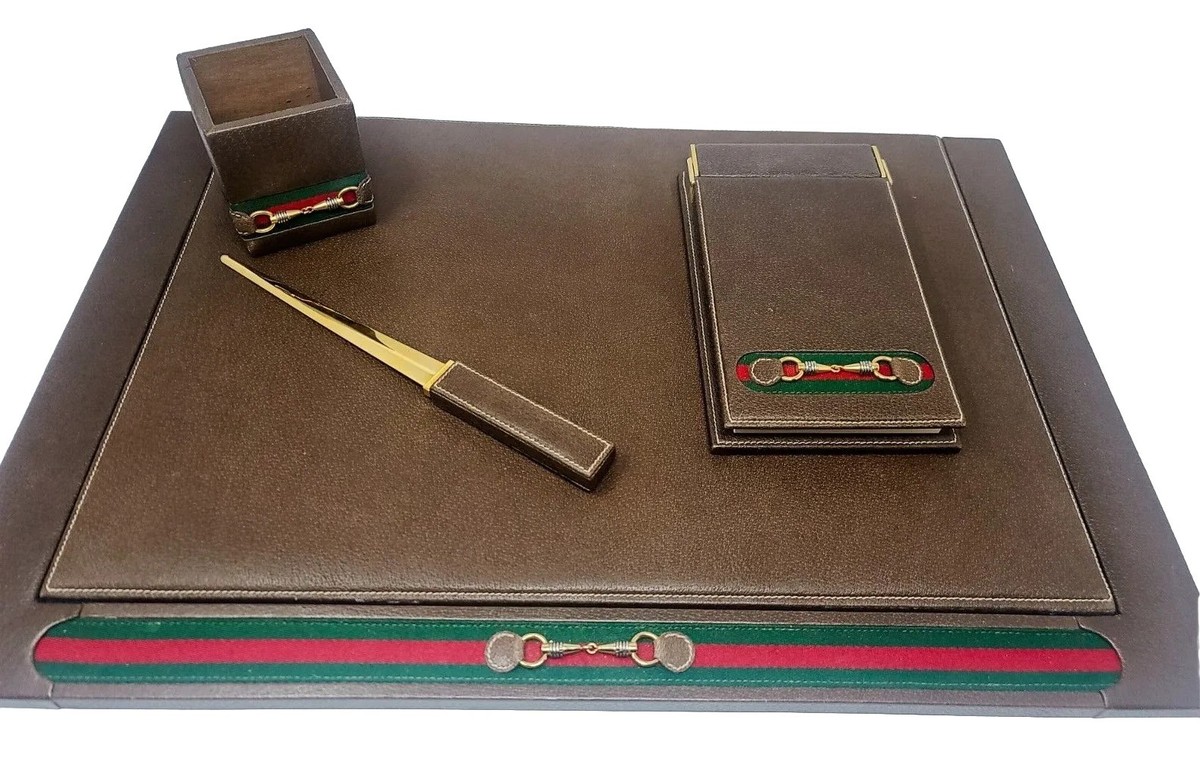 60'S GUCCI BROWN LEATHER BRASS BUCKET DESK STATIONARY SET PEN BOX
