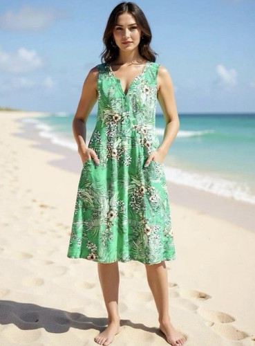 J Jill Love Linen Dress Tropical Green Print Large Pockets Resort Beach Vacay