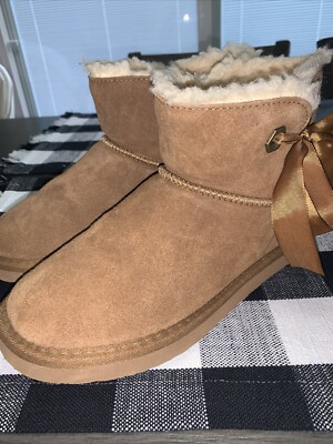 Pawz by Bearpaw Amelia Womens Fur Lined Suede Ankle Bow Bootie Boots 