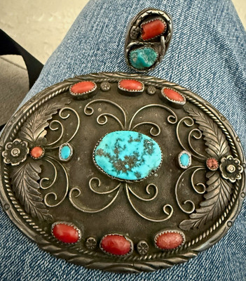 Oval Sterling Silver Metal Belt Buckle And Ring W/ Turquoise and Coral J. Lee