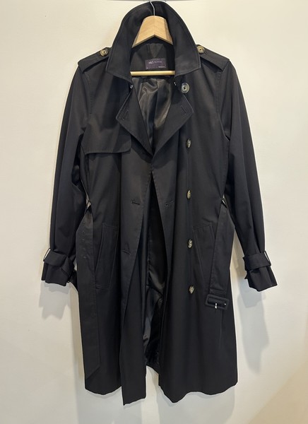 M&S Black Double-Breasted Military Trench Coat Mac - Size 10