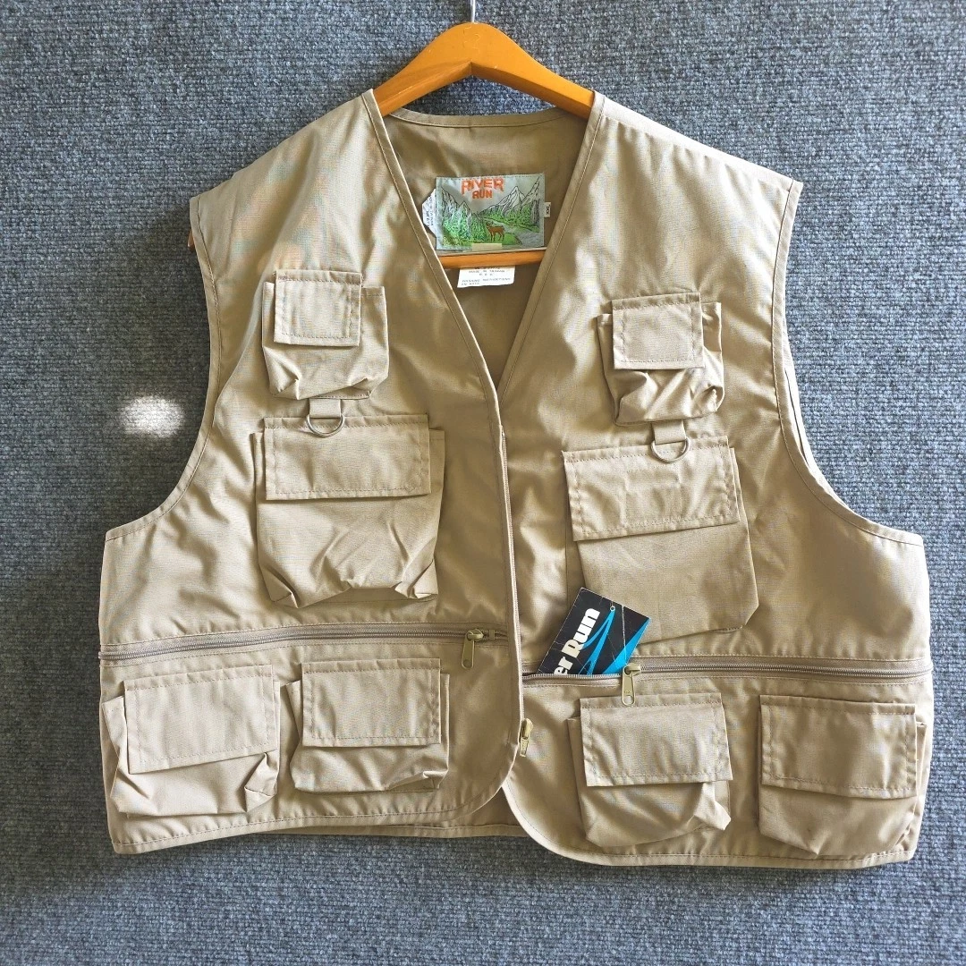 River Run Multi-Pocket Fly Fishing Vest XXL Khaki Tan Outdoor Gear Vintage NOS