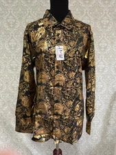 Barry Wang XL Mens long sleeves mexico paisley floral shirt gold