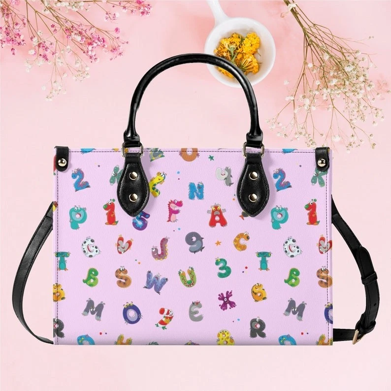 Alphabet Print Teacher Tote Bag, Vegan Leather Handbag