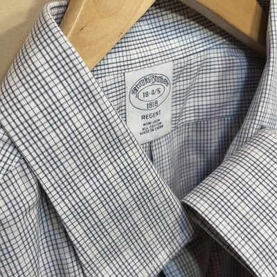18.5 mens dress shirts BROOKS BROTHERS Dress Shirt Mens 18 4/5 XXL Blue Check Button Up REGENT Non  Iron