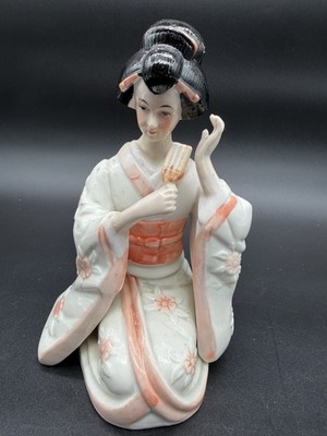 Vintage Ceramic Sitting Geisha White  Pink Floral Lusterware Figurine Decor