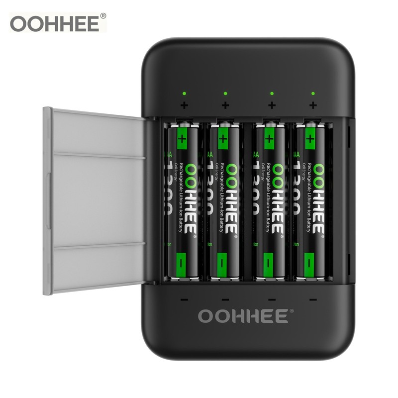 OOHHEE 4x Rechargeable AAA 1300mWh Lithium Batteries with 1.5V Charging Storage