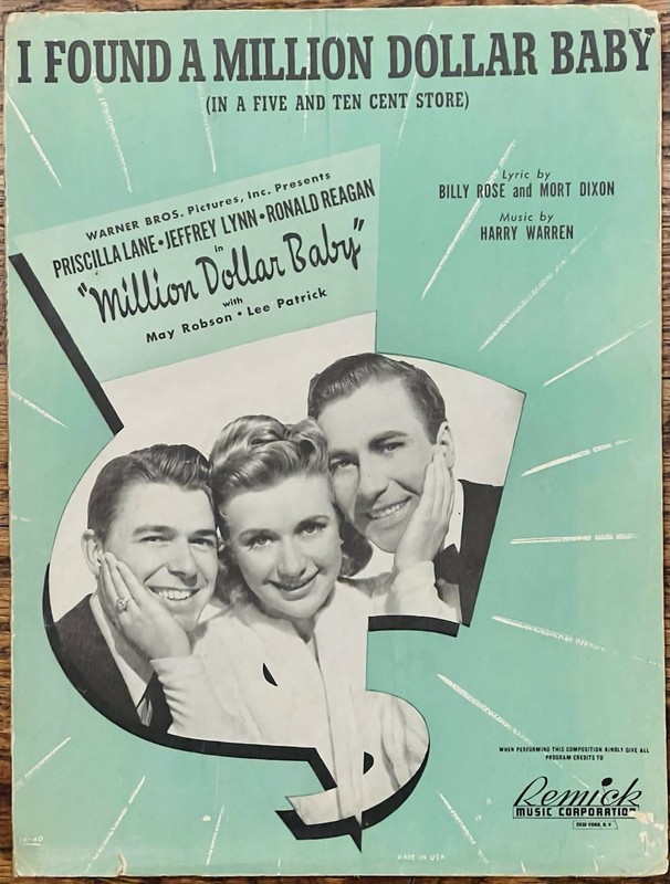 RONALD REAGAN film MILLION DOLLAR BABY ~ 1941 sheet music HARRY WARREN song