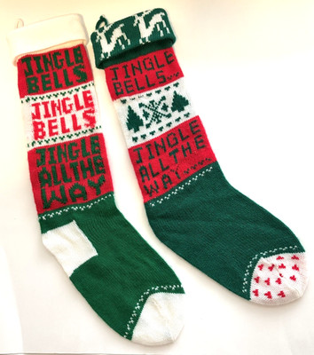 Vintage 1981 Kurt Adler Sweater Knit Christmas Stocking 2 Jingle Bells Green Red
