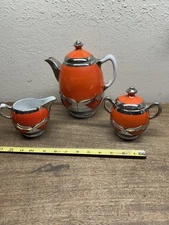 Vintage Farber Bros Fraunfelter China Orange Tea Set Teapot Sugar~ Creamer ~1923