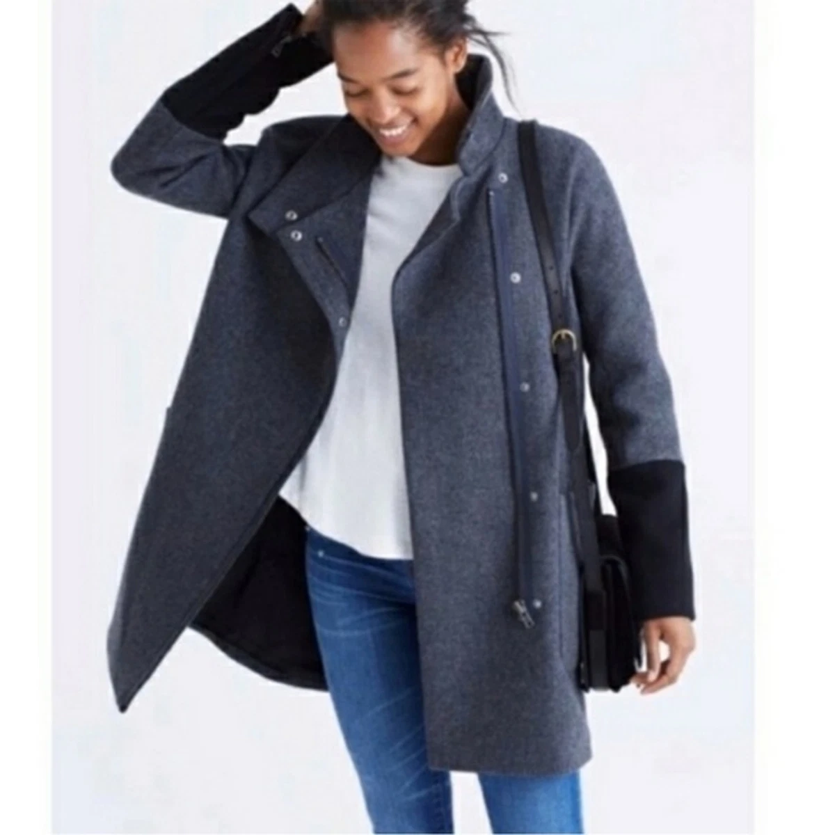 Madewell City Grid Coat In Colorblock Grey Wool Black Size 0
