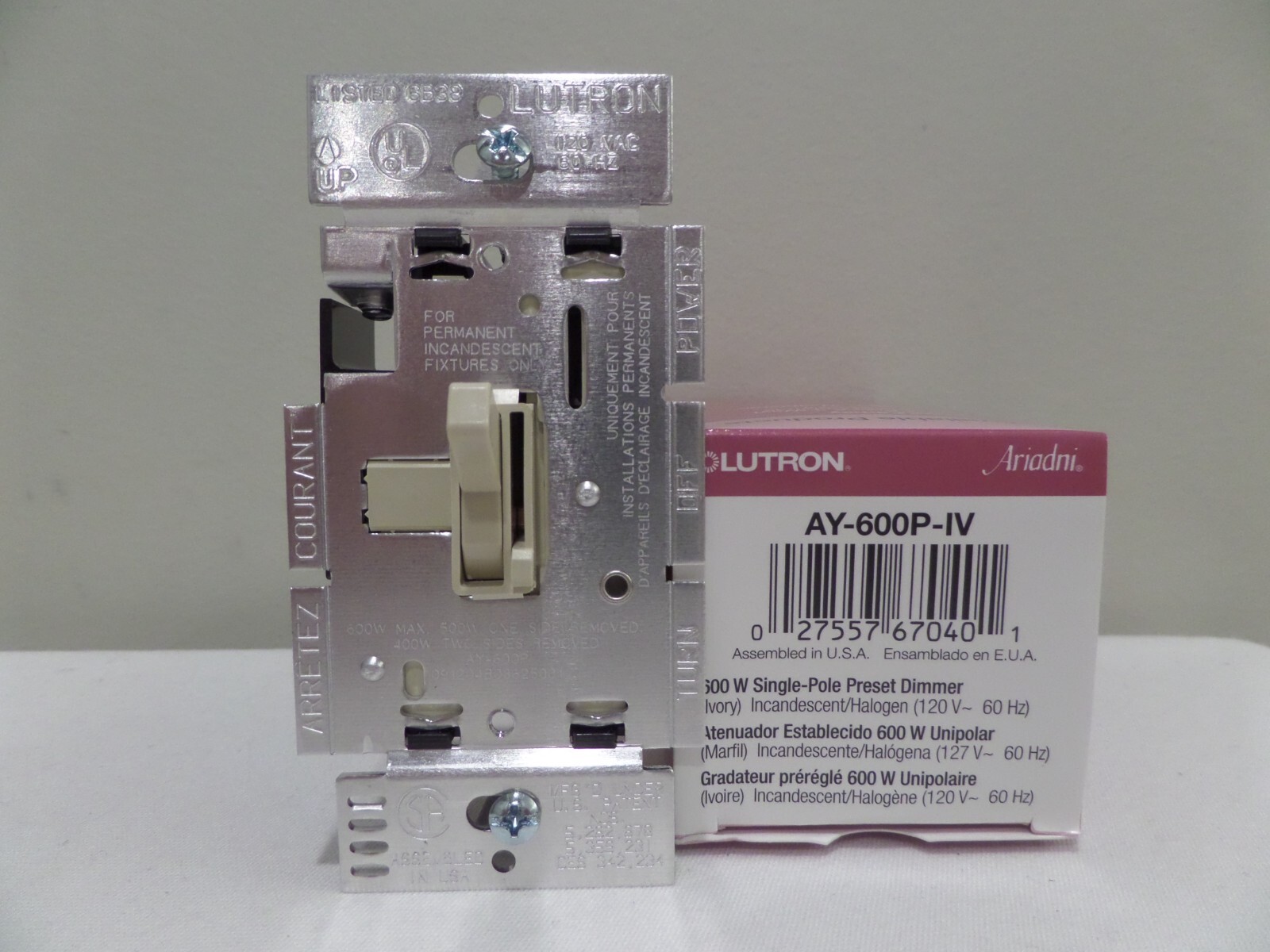 Lutron Ariadni AY600PIV Toggle Slide Dimmer Switch 600W Ivory Single