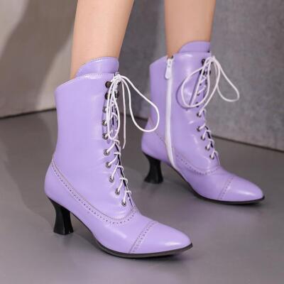 Womens Ankle Boots Mid Kitten Heel Pointy Toe Casual Side Zip Faux Leather Shoes