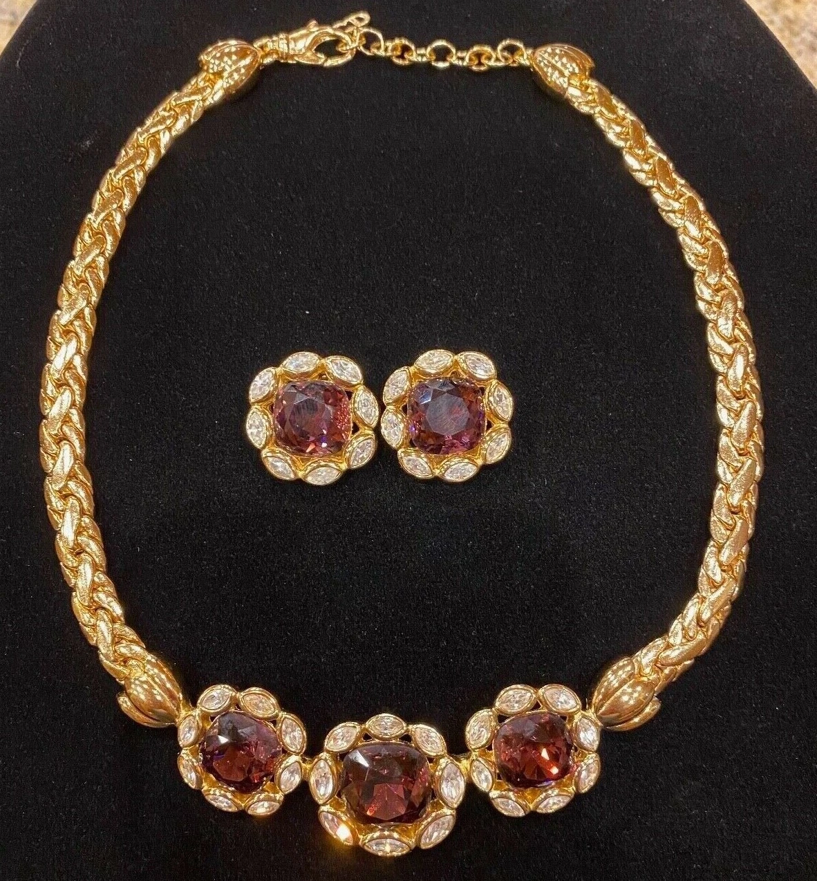 Set Collana e Orecchini Vintage Christian Dior Placcati in Oro Cristallo Ametista