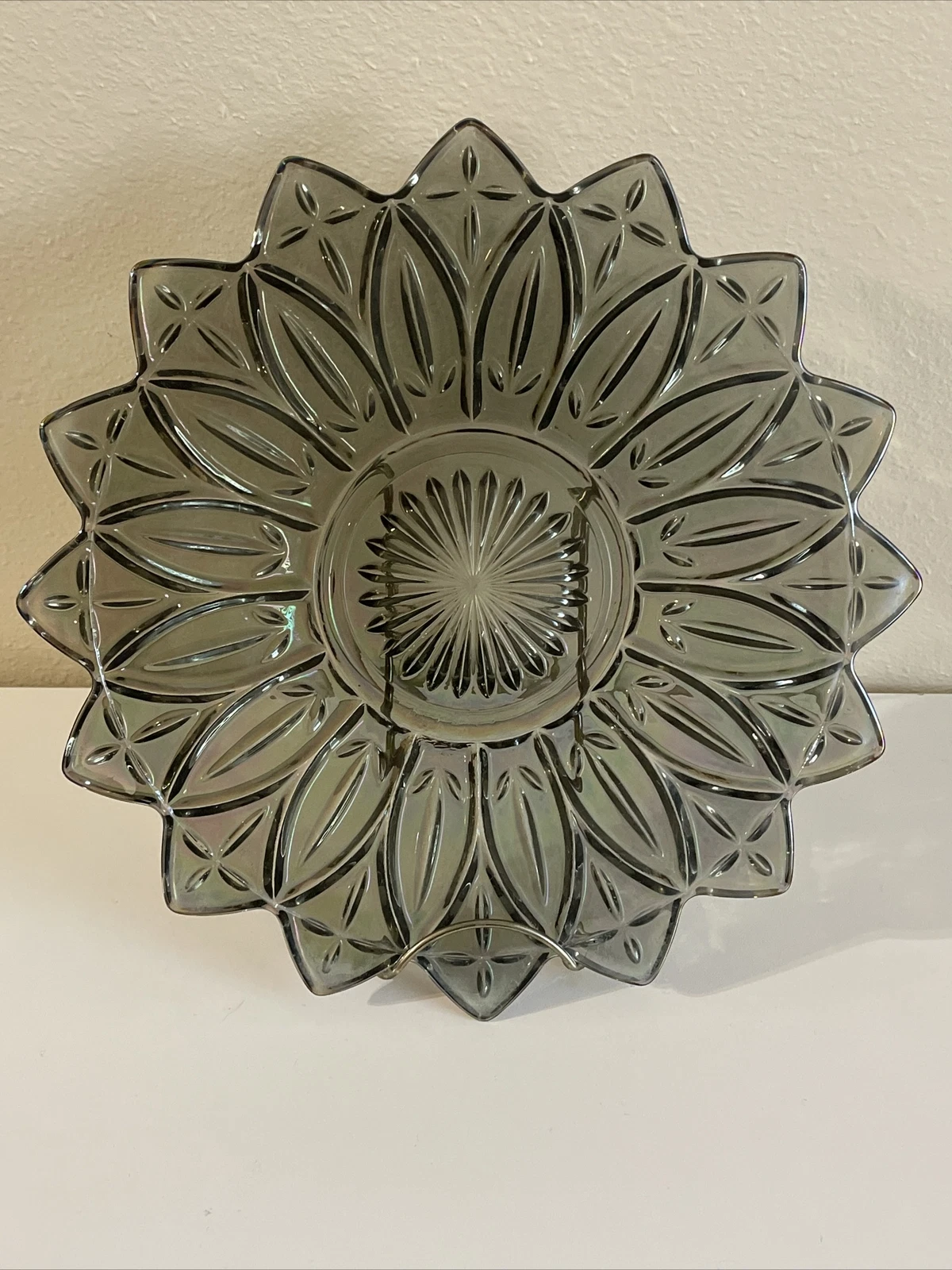 Federal Glass Petal Smoke Iridescent Sandwich Plate 11.5" Dia. Serveware Vintage