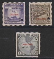 PERU 1937 AVIATION Sc C45, C47-C48 TOP VALUES PERF PROOFS + SPECIMEN HINGED MINT