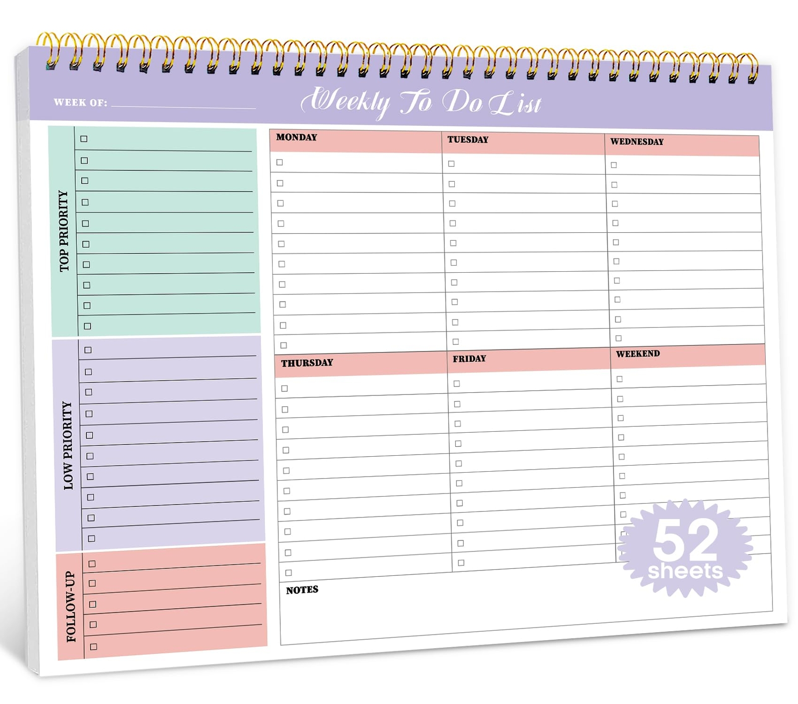 Weekly To Do List Notepad with 52 Undated Sheets（8.5
