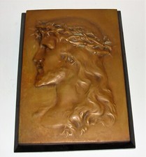 DE COLECCIÓN 1900 BRONCE JESUCRISTO - CORONA DE ESPINAS - BUSTO PLACA DE PARED SOBRE MADERA